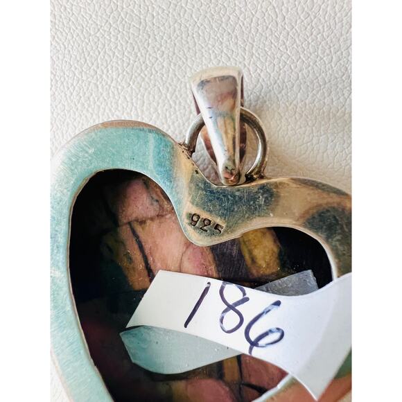 Sterling Silver Argentine Rhodozite Heart Pendant Pink Black Gray 1.5” 15g Boho - Picture 4 of 9